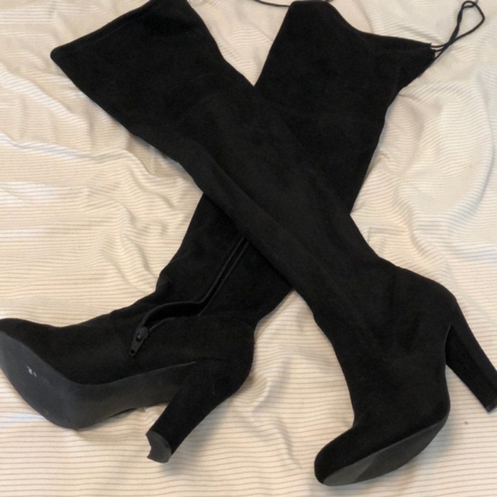 Black Faux Suede Thigh High Boots